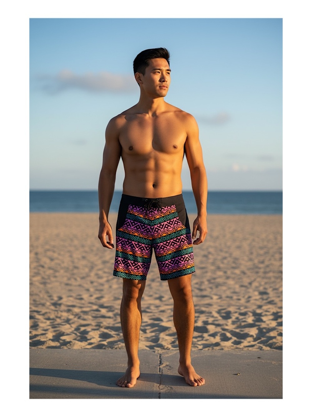 Vast Men's Hydrogen VI Black Swim Trunks with Multicolor Aztec Print,NWT, 30, 34